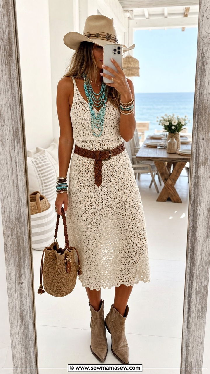 Crochet Dress With Suede Ankle Boots - 25 summer coastal cowgirl outfit ideas