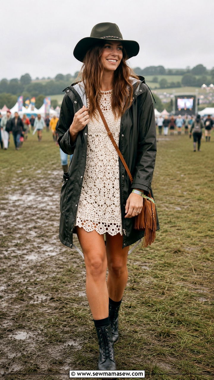 Crochet Dress With Waterproof Parka and Combat Boots - 25 Rainy festival outfit ideas