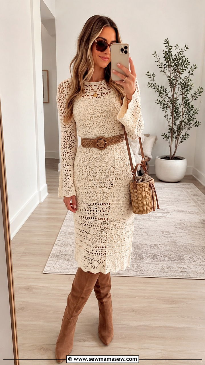 Crochet Dress and Suede Knee Boots Outfit - 30 Retro outfit ideas 2026