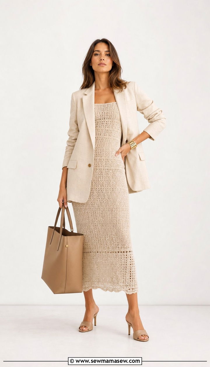Crochet Dress with Blazer and Heeled Mules - 25 spring crochet dress outfit ideas