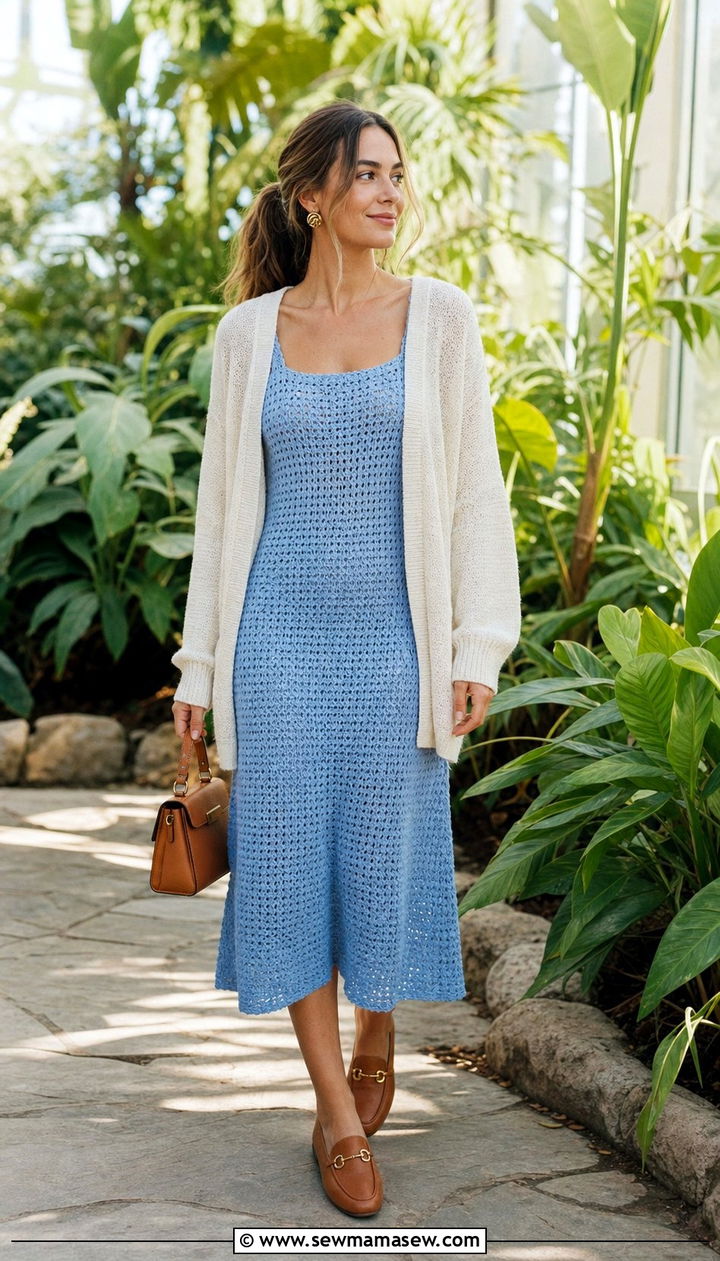 Crochet Dress with Cardigan and Loafers - 25 spring crochet dress outfit ideas