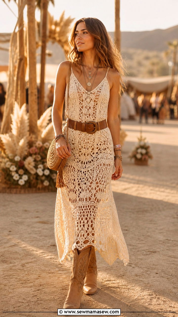 Crochet Dress with Cowboy Boots Festival Outfit - 20 3 day music festival outfit ideas