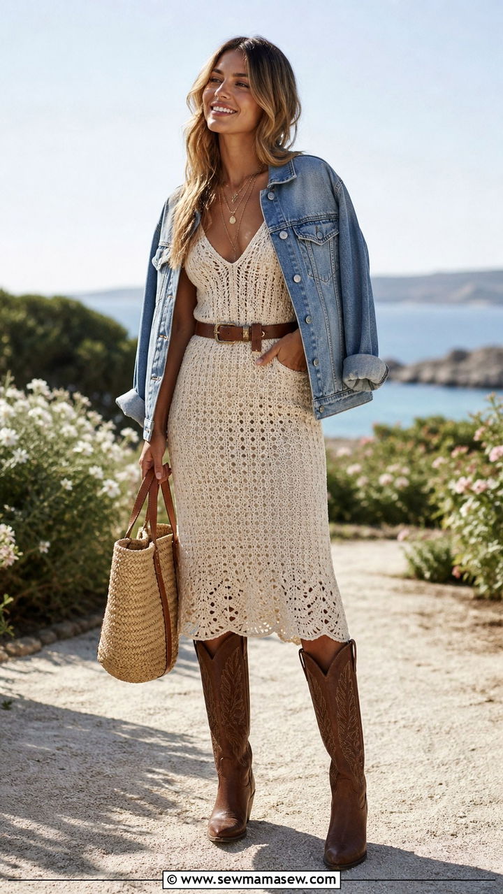 Crochet Dress with Cowboy Boots and Denim Jacket - 40 western outfits for women