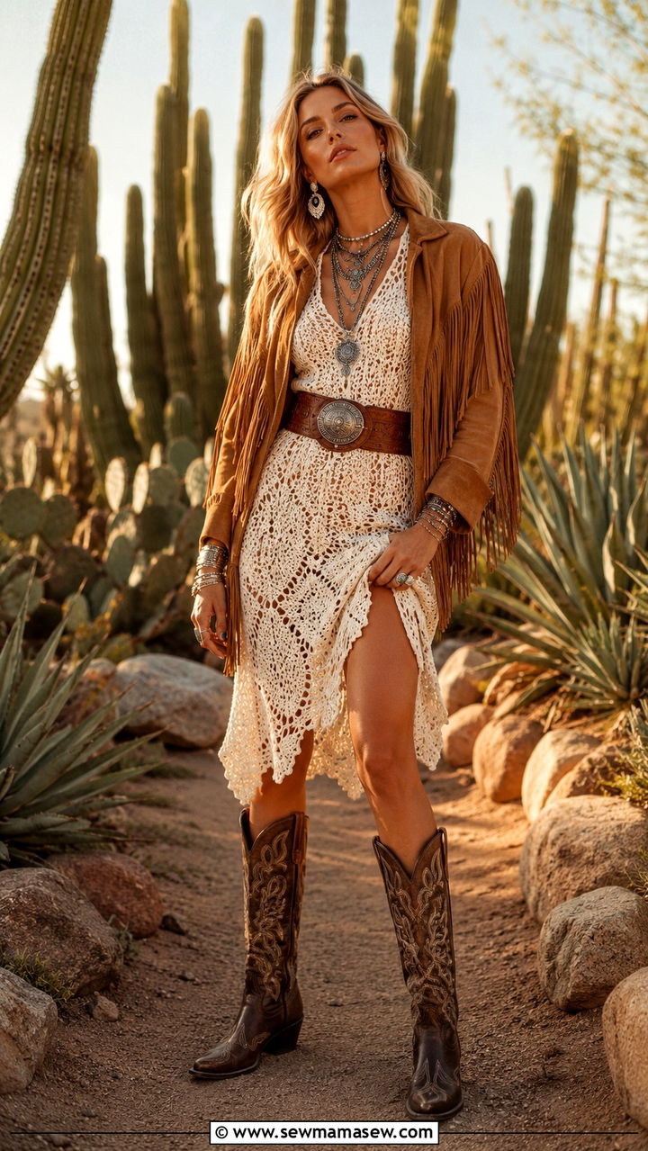 Crochet Dress with Fringe Jacket and Wide Leather Belt - 30 Modern western outfit ideas