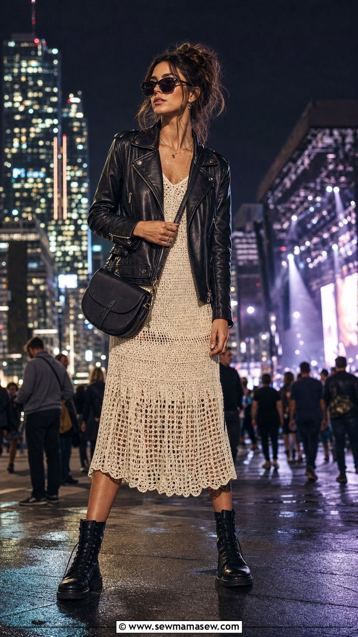Crochet Dress with Leather Jacket and Chunky Boots - 25 spring crochet dress outfit ideas