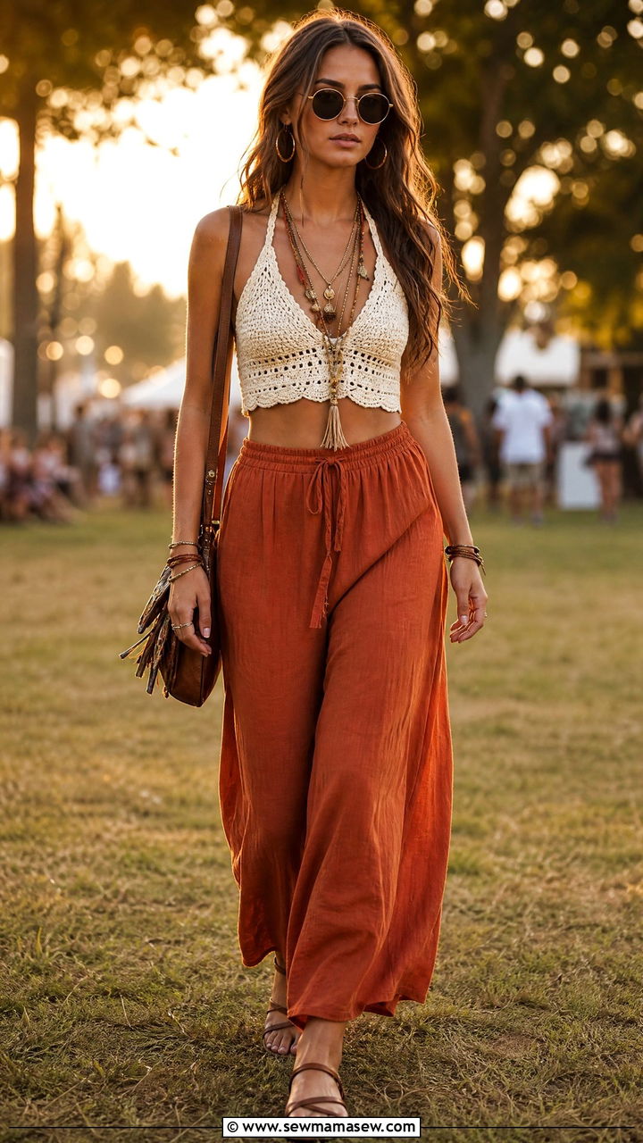 Crochet Halter Top And Wide Leg Pants - 30 Electric forest outfit ideas