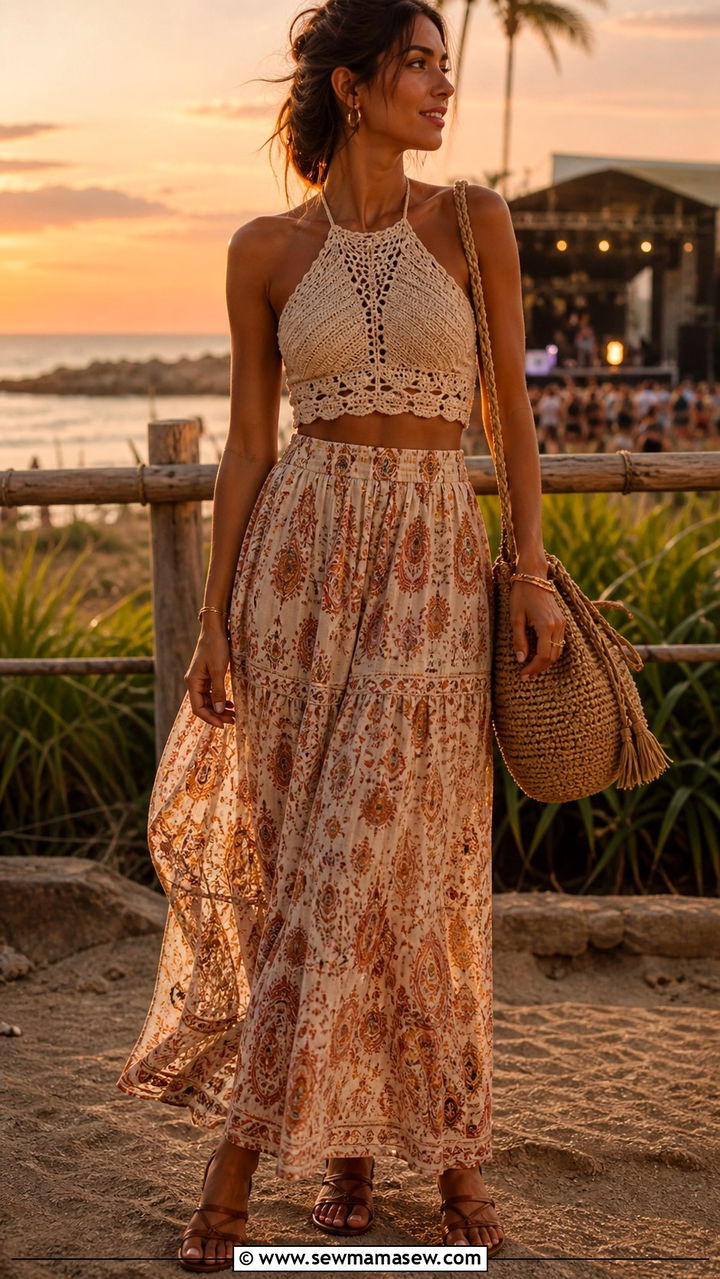 Crochet Halter Top With Flowy Maxi Skirt - 40 Boho summer outfits