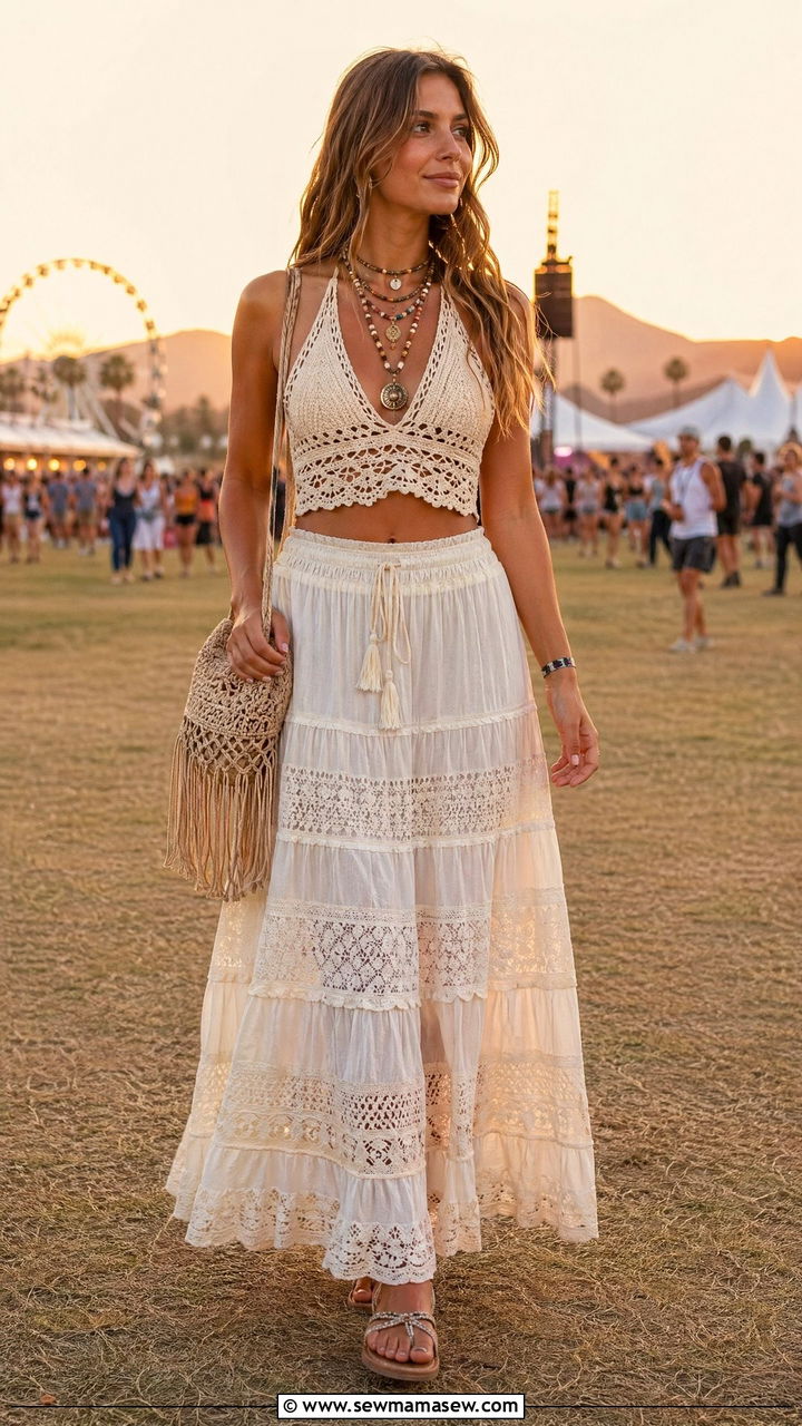Crochet Halter Top With Tiered Maxi Skirt and Espadrilles - 35 festival outfits aesthetic