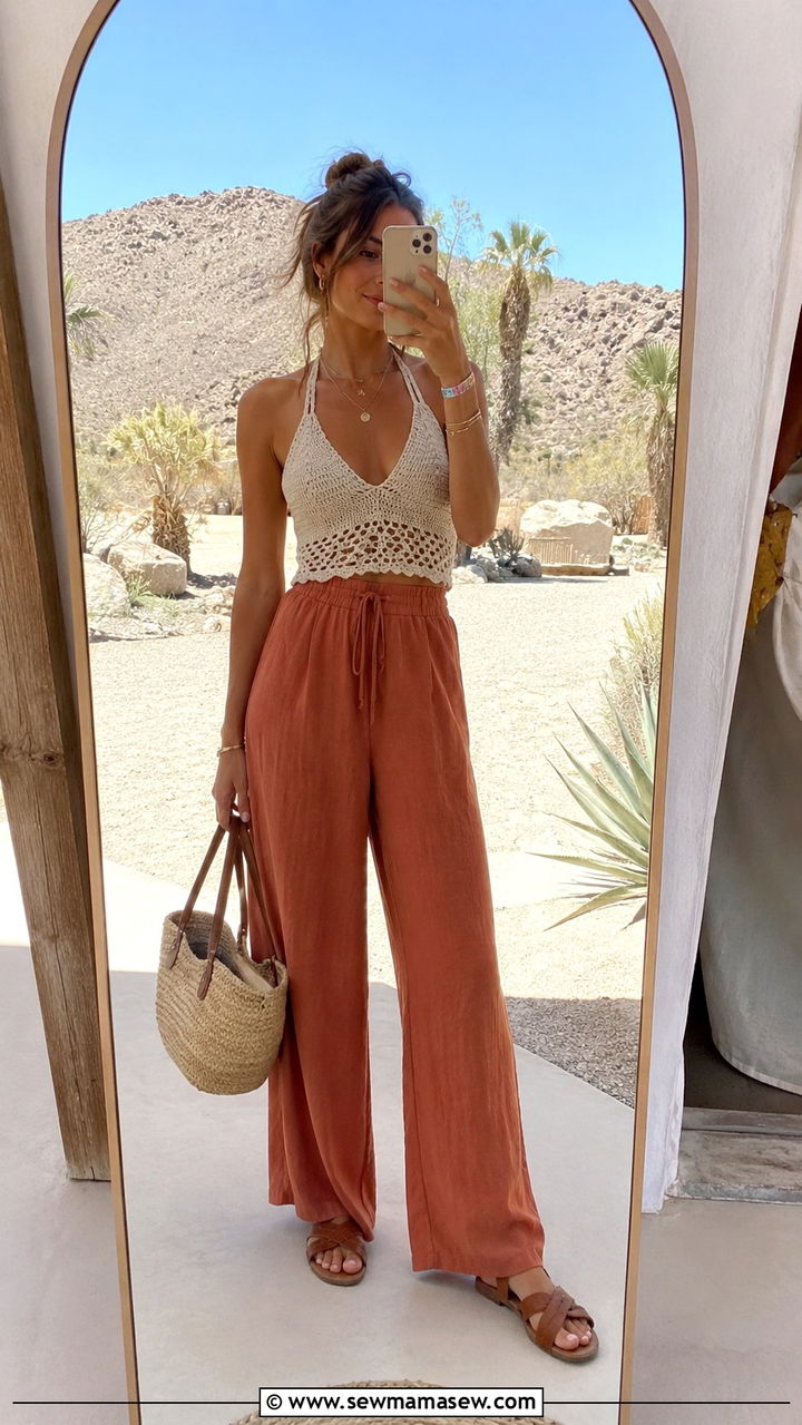 Crochet Halter Top With Wide Leg Linen Pants - 30 casual Coachella outfits