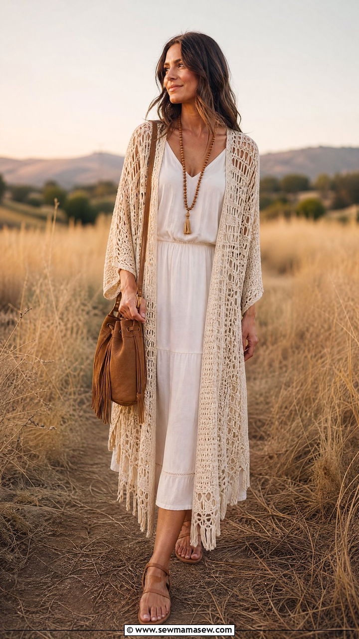 Crochet Kimono Cover Up Over White Dress - 25 Kimono cover up outfit ideas