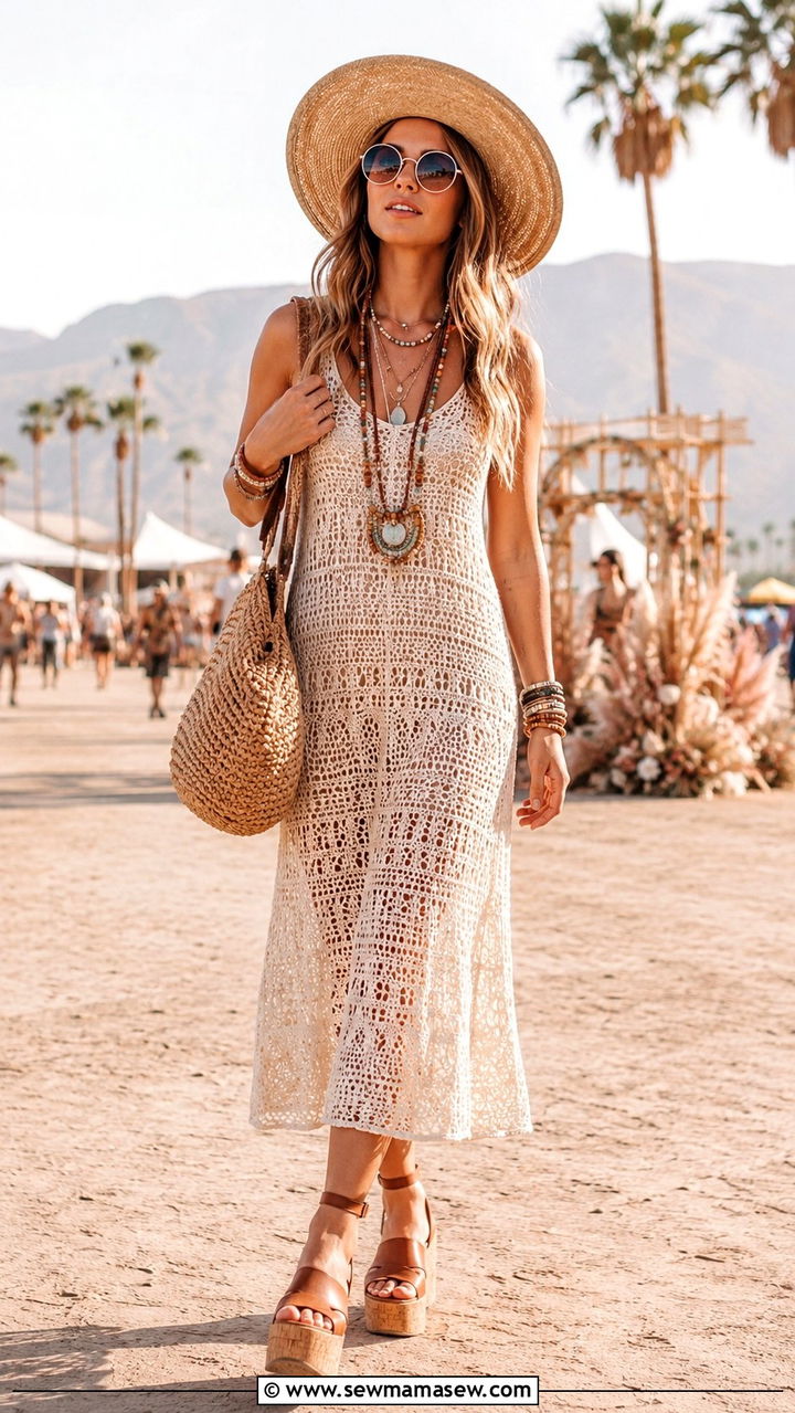 Crochet Knit Midi Dress With Platform Sandals And Sun Hat - 25 seasonal summer concert outfit ideas