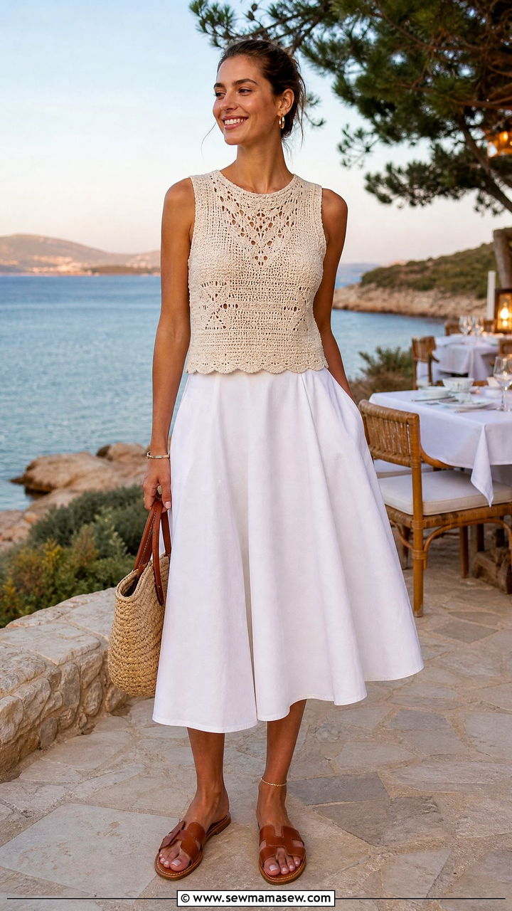 Crochet Knit Top with White Midi Skirt Outfit - 30 summer old money outfit ideas