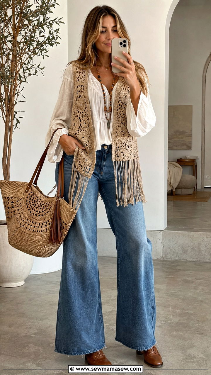 Crochet Lace Vest Over a Peasant Blouse and Flares - 25 Boho outfit ideas 60s style