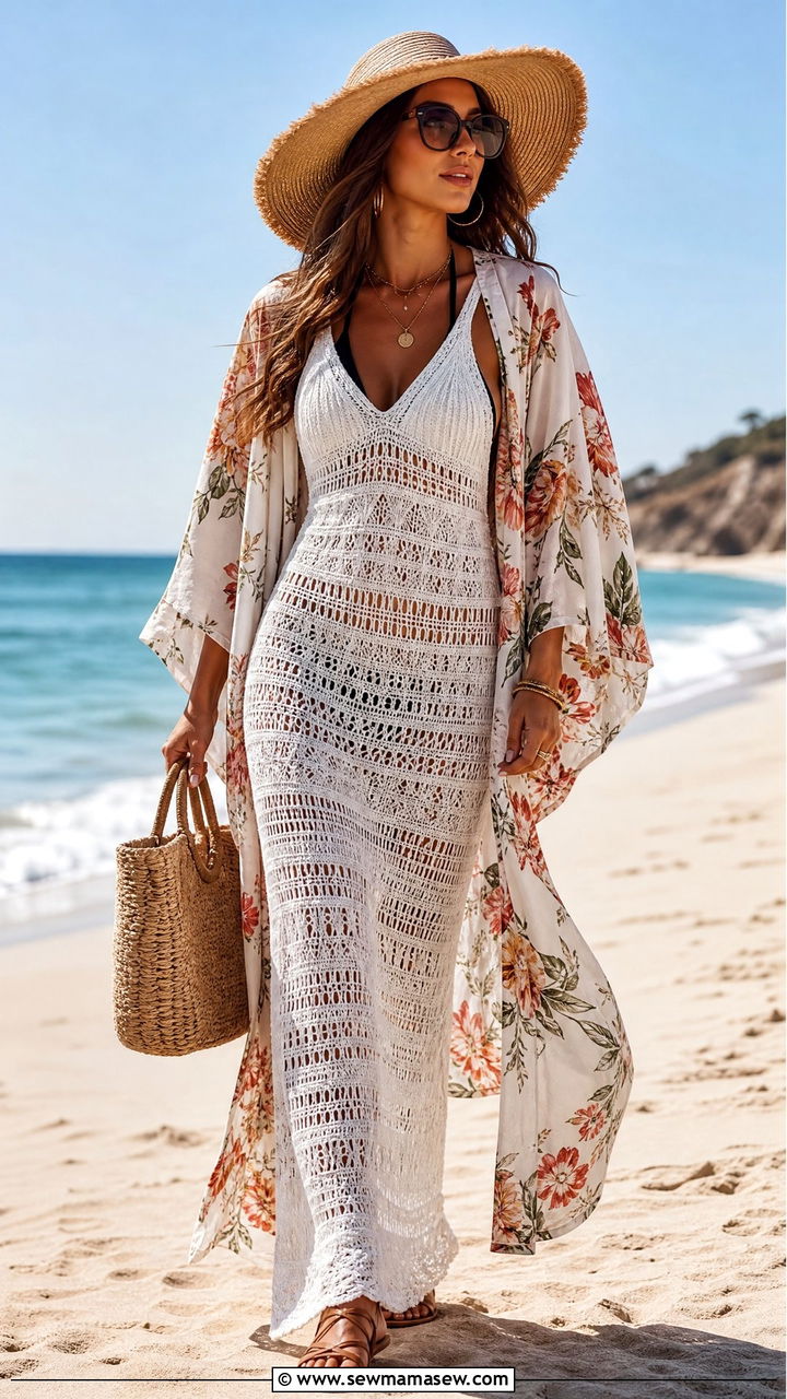 Crochet Maxi Dress With Kimono Cover Up - 30 Maxi dress with a kimono outfit ideas