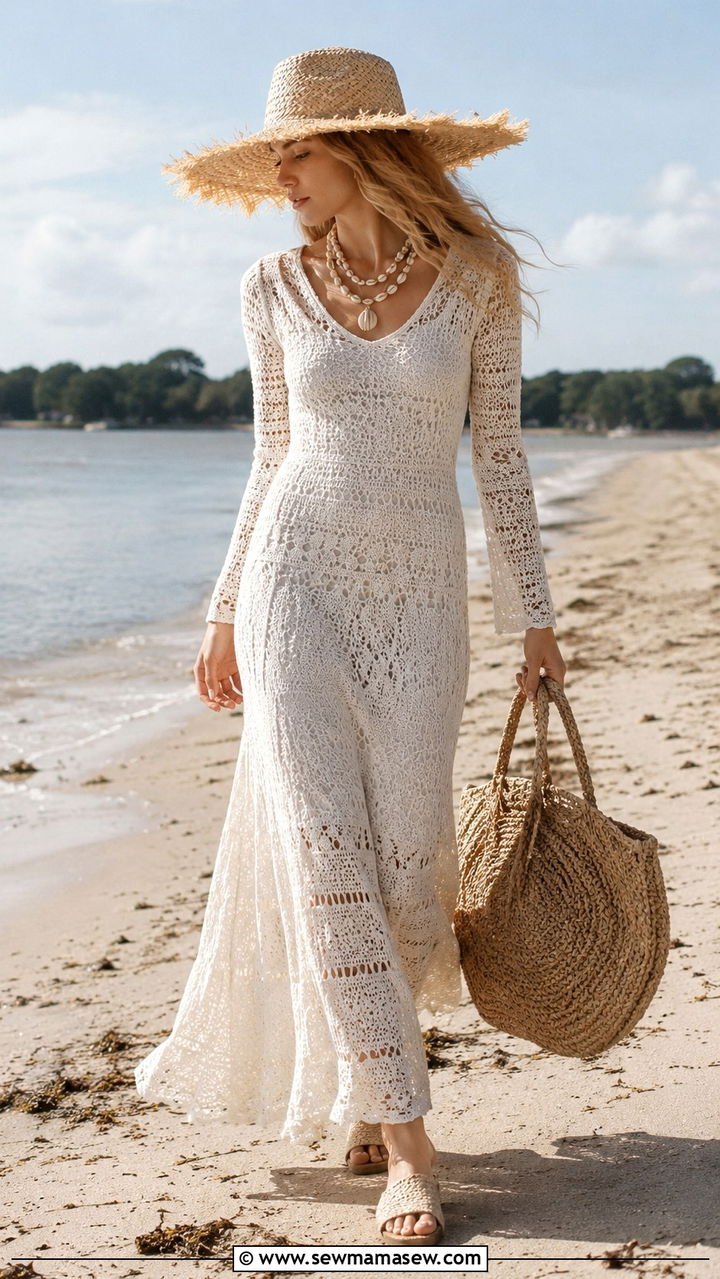 Crochet Maxi Dress With Raffia Accessories - 20 Boho outfit ideas Dôen style