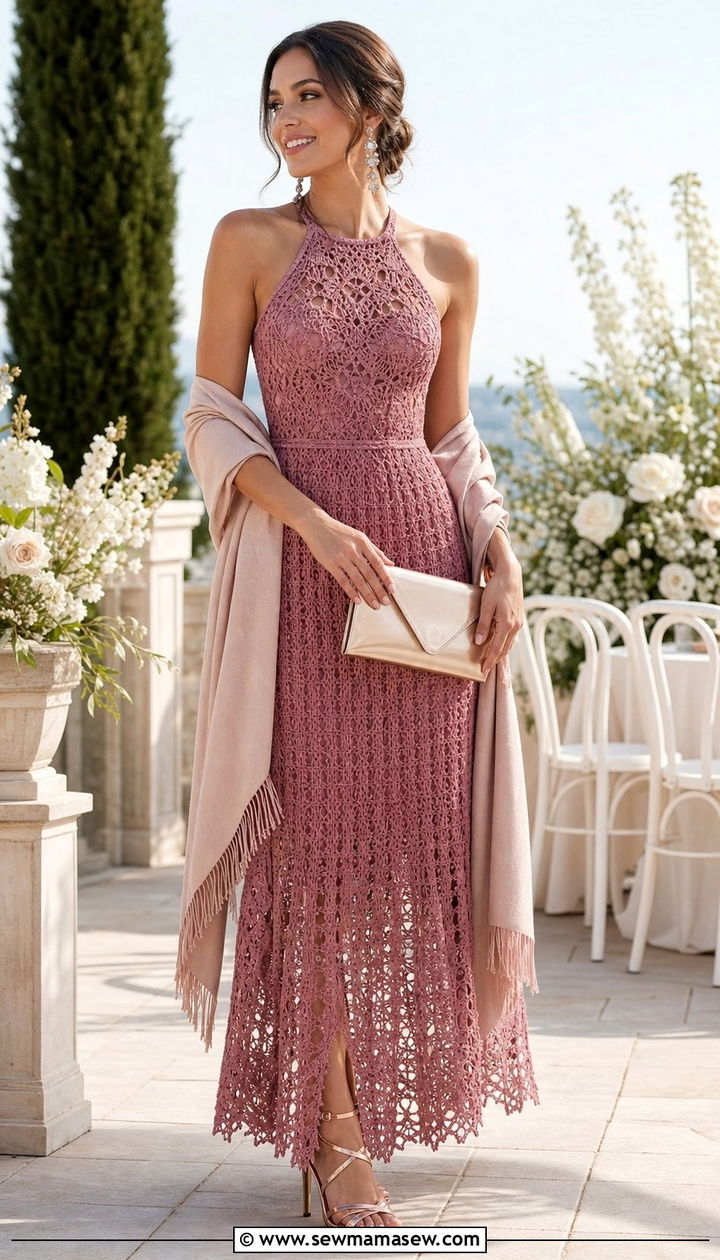Crochet Maxi Dress with Heeled Sandals for Wedding Guest - 25 spring crochet dress outfit ideas