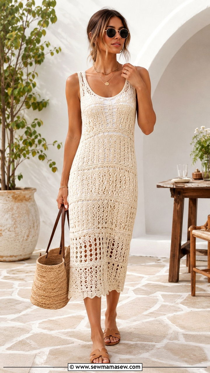 Crochet Midi Dress With Straw Tote And Flat Sandals - 20 summer outfits 2026 women for women