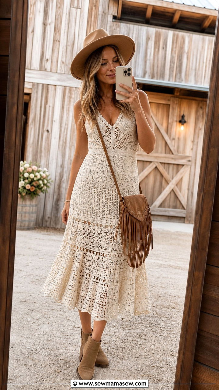Crochet Midi Dress With Suede Ankle Boots - 35 Boho outfit ideas for wedding guest