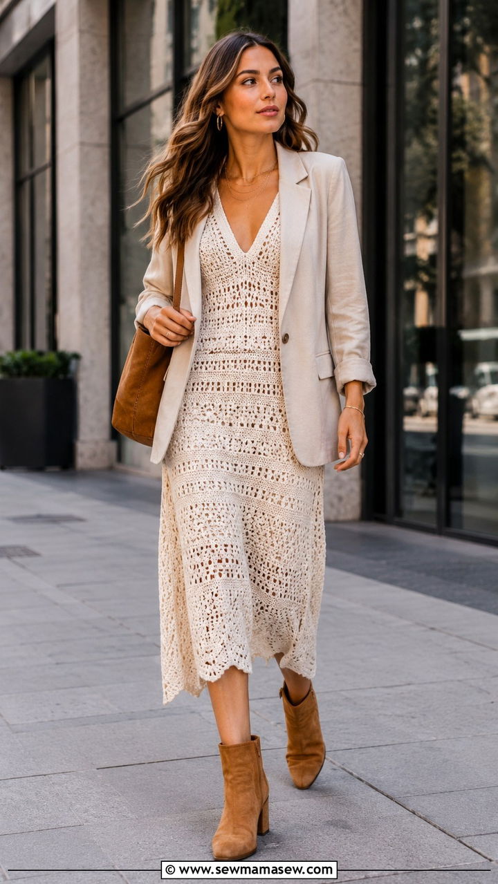 Crochet Midi Dress with Ankle Boots - 30 classy boho chic outfit ideas