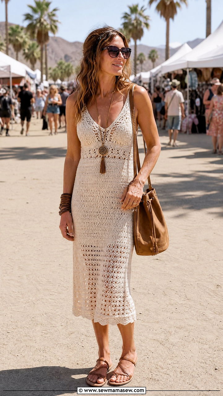Crochet Midi Dress with Flat Leather Sandals Festival Outfit - 30 music festival outfits for women over 40