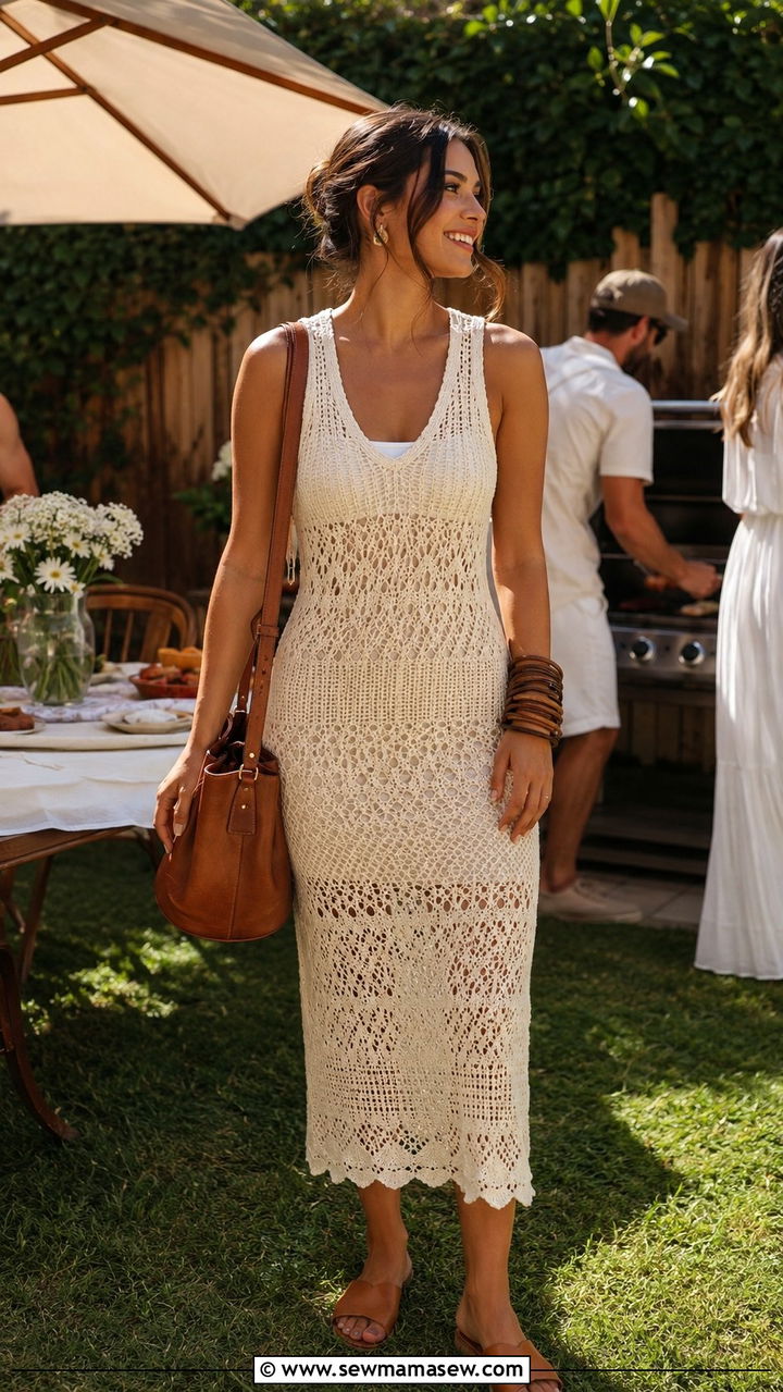 Crochet Midi Dress with Slide Sandals - 30 Graduation party outfit ideas