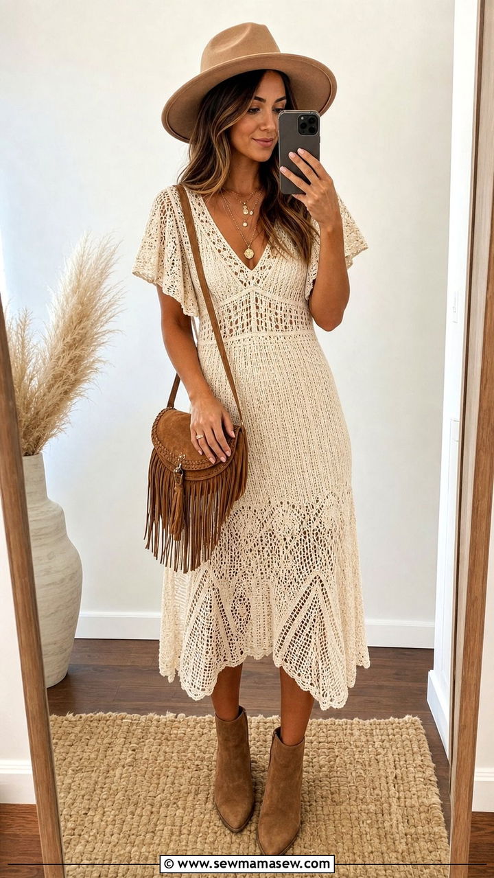 Crochet Midi Dress with Tan Ankle Boots - 35 Boho wedding guest outfits