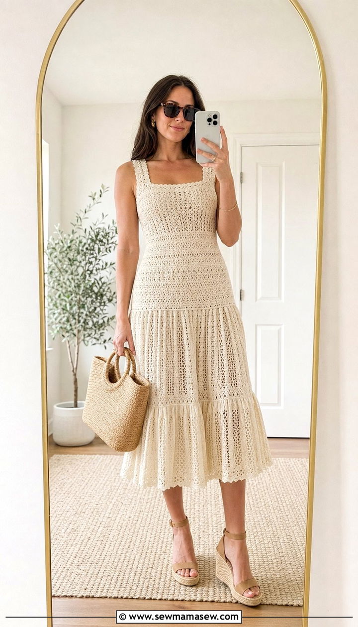Crochet Midi Dress with Wedge Espadrilles - 25 spring crochet dress outfit ideas