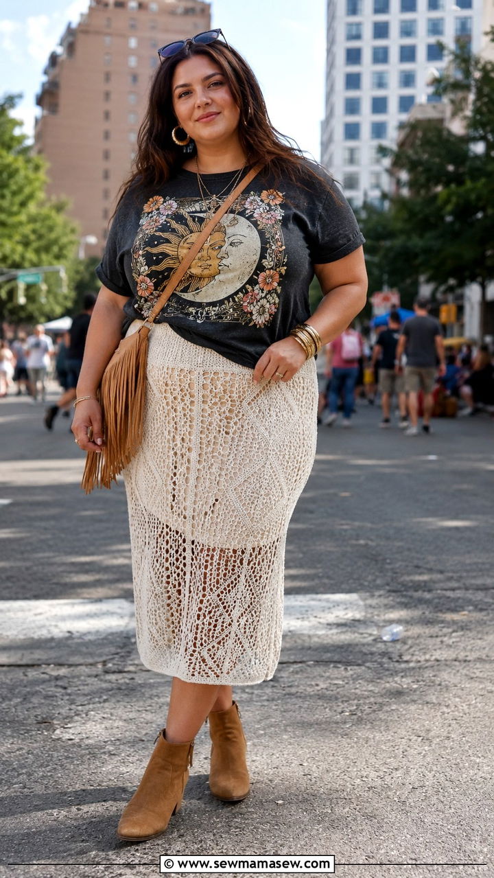 Crochet Midi Skirt With Graphic Tee And Ankle Boots - 25 Plus size outfit ideas boho