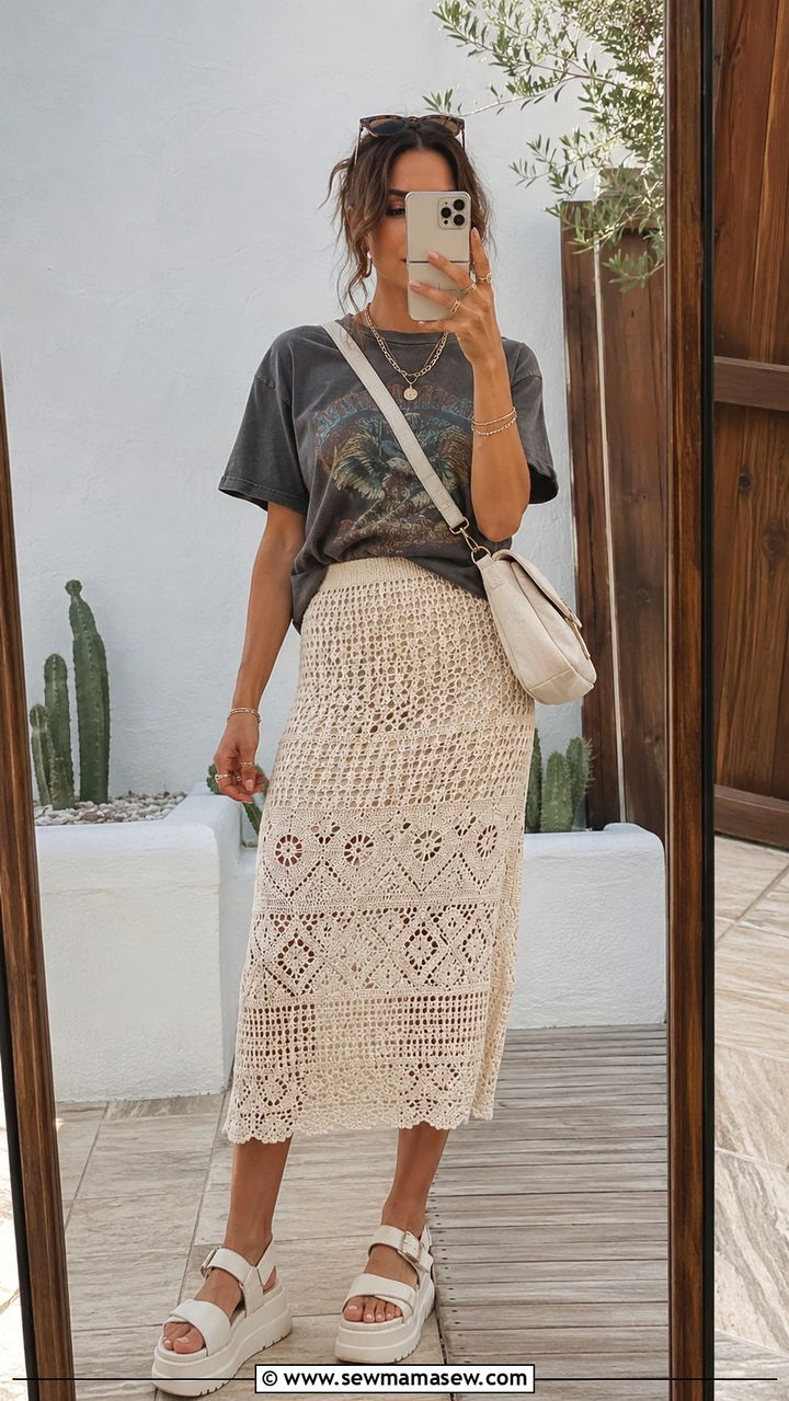Crochet Midi Skirt and Vintage Graphic Tee - 30 Boho outfit ideas for festival