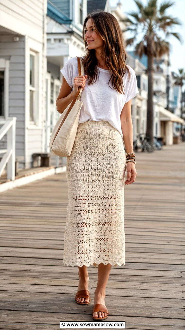 Crochet Midi Skirt with Cotton Tee and Flat Sandals - 30 How to style a midi skirt in summer