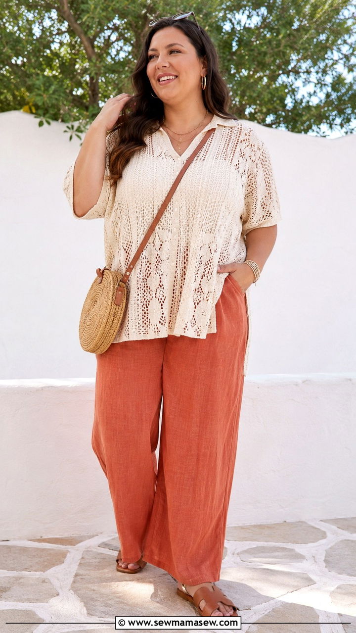 Crochet Overlay Tunic With Wide Leg Linen Pants - 25 Plus size outfit ideas boho