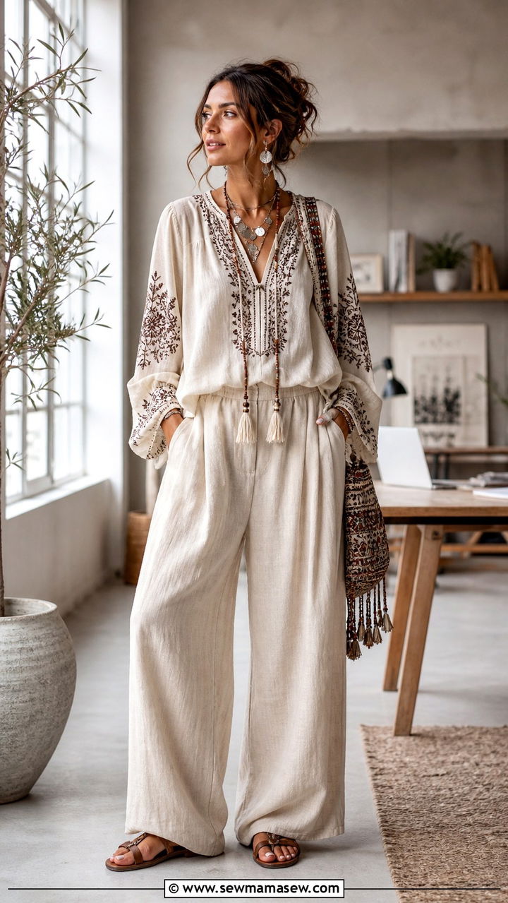 Crochet Pants With Flowy Blouse - 40 boho chic outfits 2026