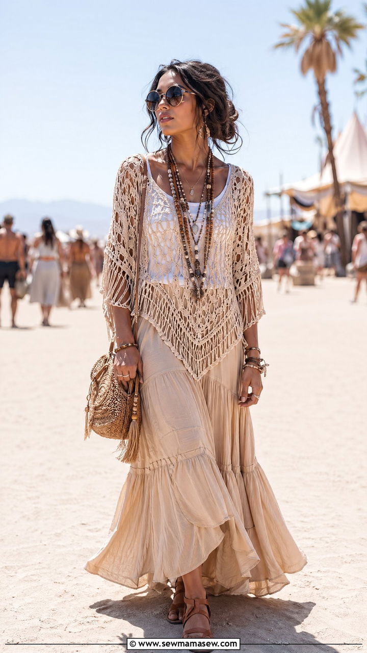 Crochet Poncho Over Tank And Maxi Skirt - 35 festival outfits