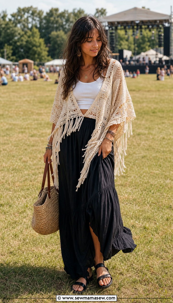 Crochet Poncho over Tank and Maxi Skirt - 25 concert outfits 2026