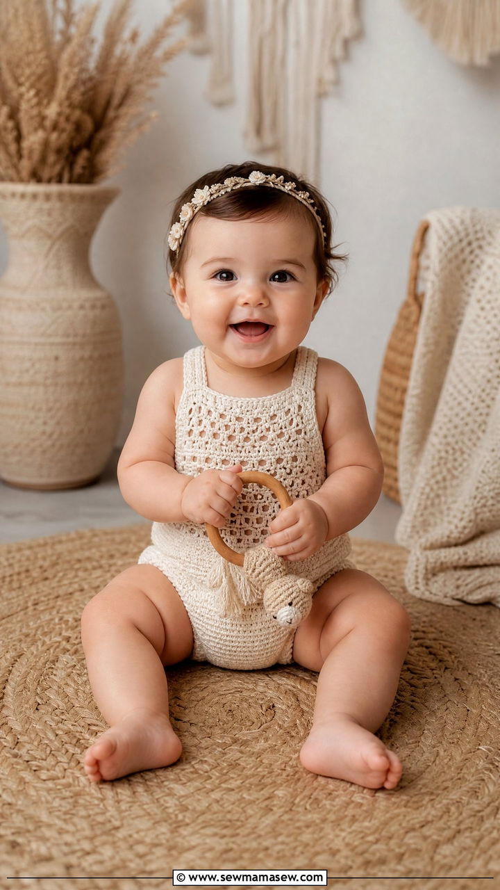 Crochet Romper with Wooden Ring Teether - 20 6 month photo outfit ideas