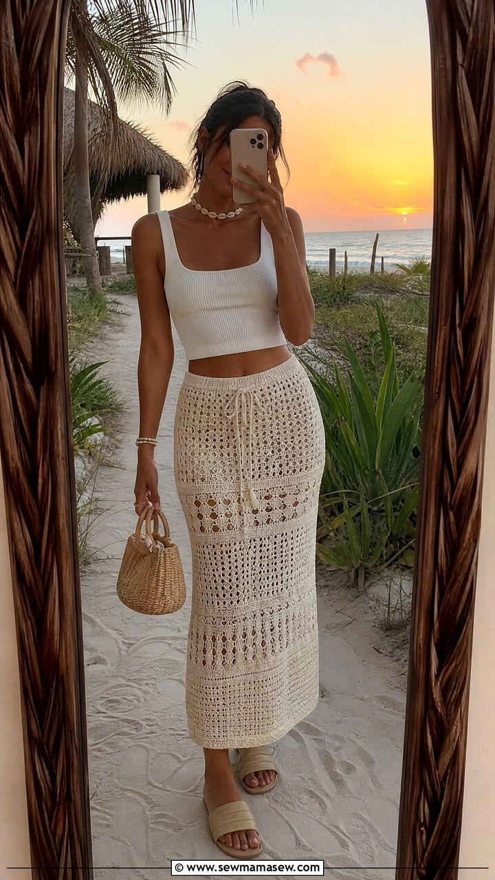 Crochet Skirt With Ribbed Tank Mexico Beach Town Look - 35 Mexico vacation outfits