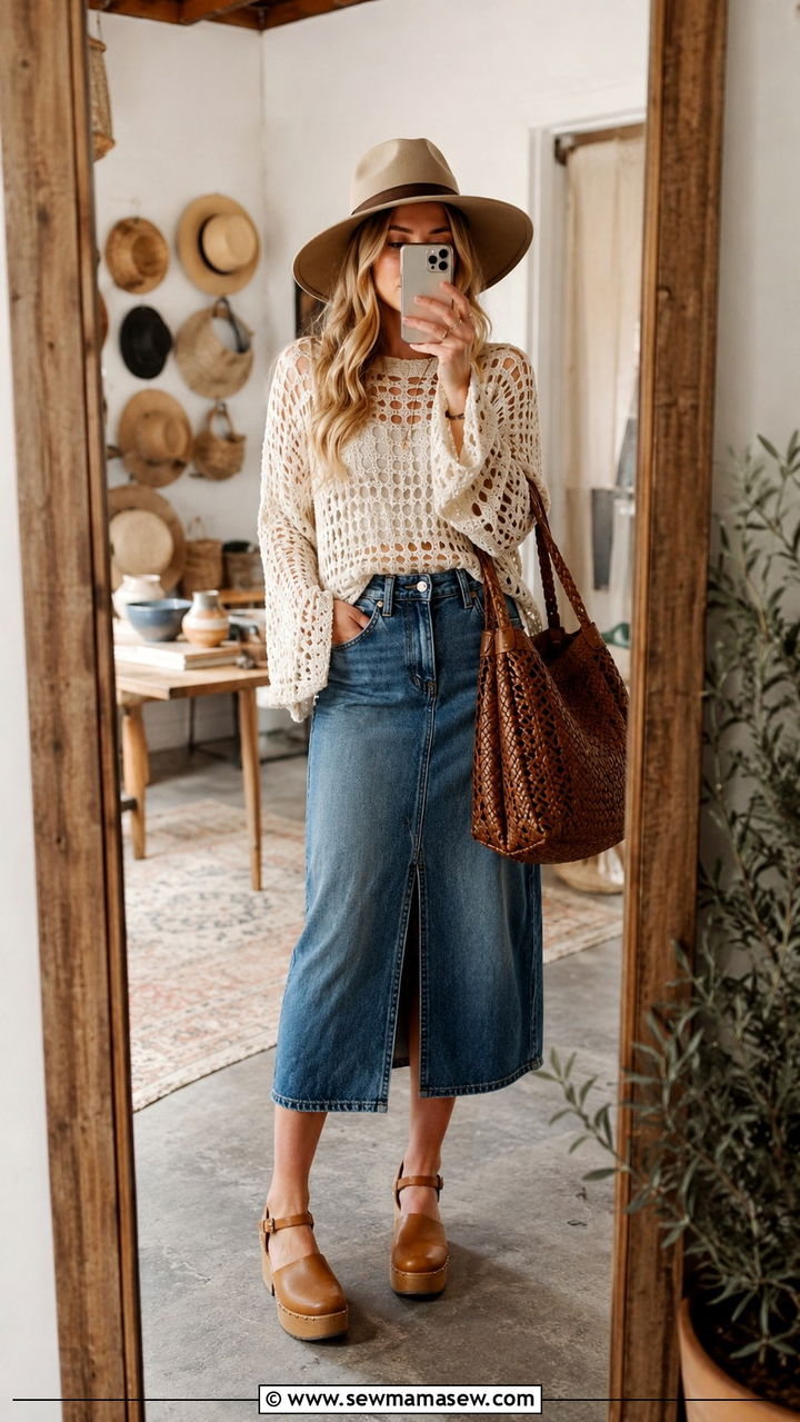 Crochet Sweater And Denim Midi Skirt With Wide Brim Hat - 25 Boho outfit ideas with wide brim hat