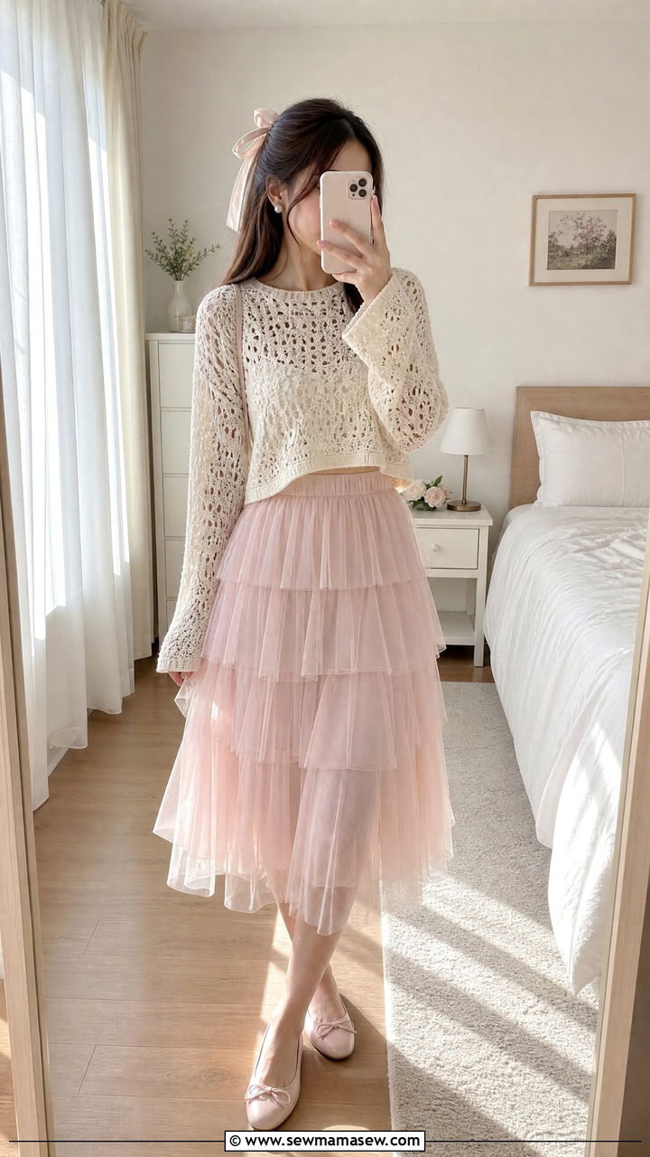 Crochet Sweater And Layered Tulle Skirt Outfit - 25 classy fairycore outfit ideas