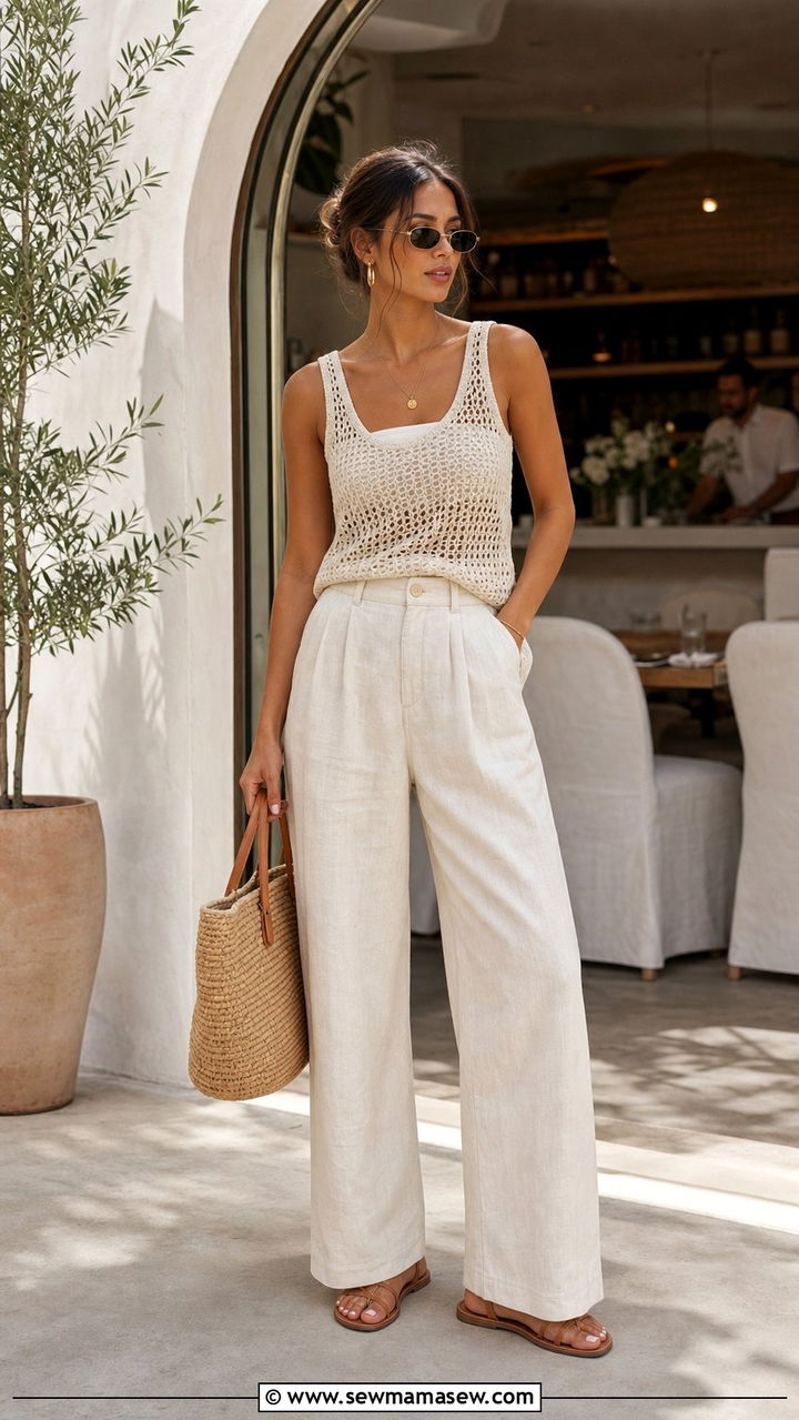 Crochet Tank And Linen Wide Leg Pants - 25 summer heatwave outfit ideas