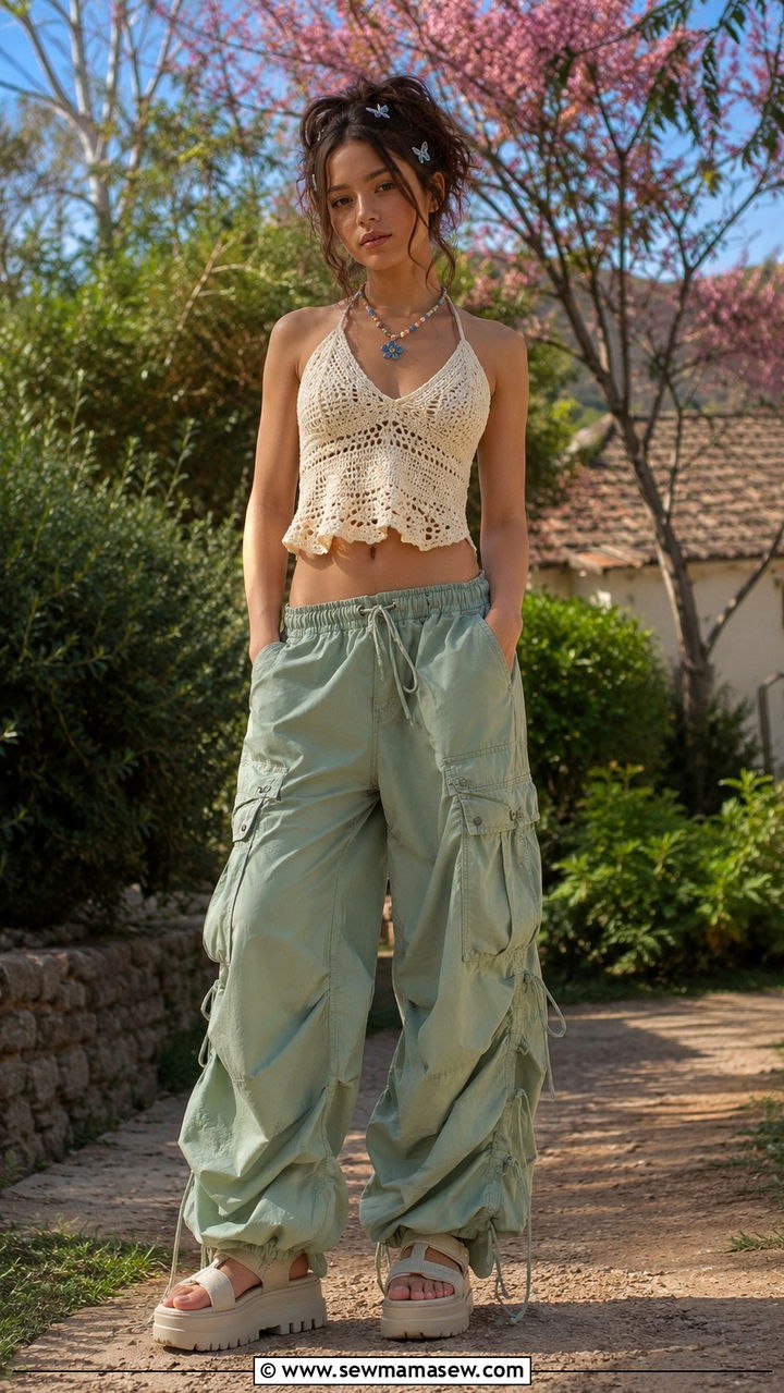 Crochet Tank With Parachute Cargo Pants - 25 Y2K spring outfits