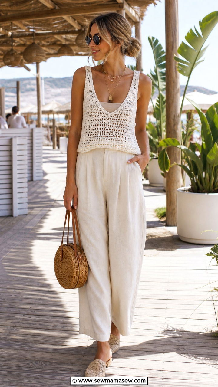 Crochet Tank and High Waisted Linen Pants Coastal Outfit - 40 summer coastal outfit ideas