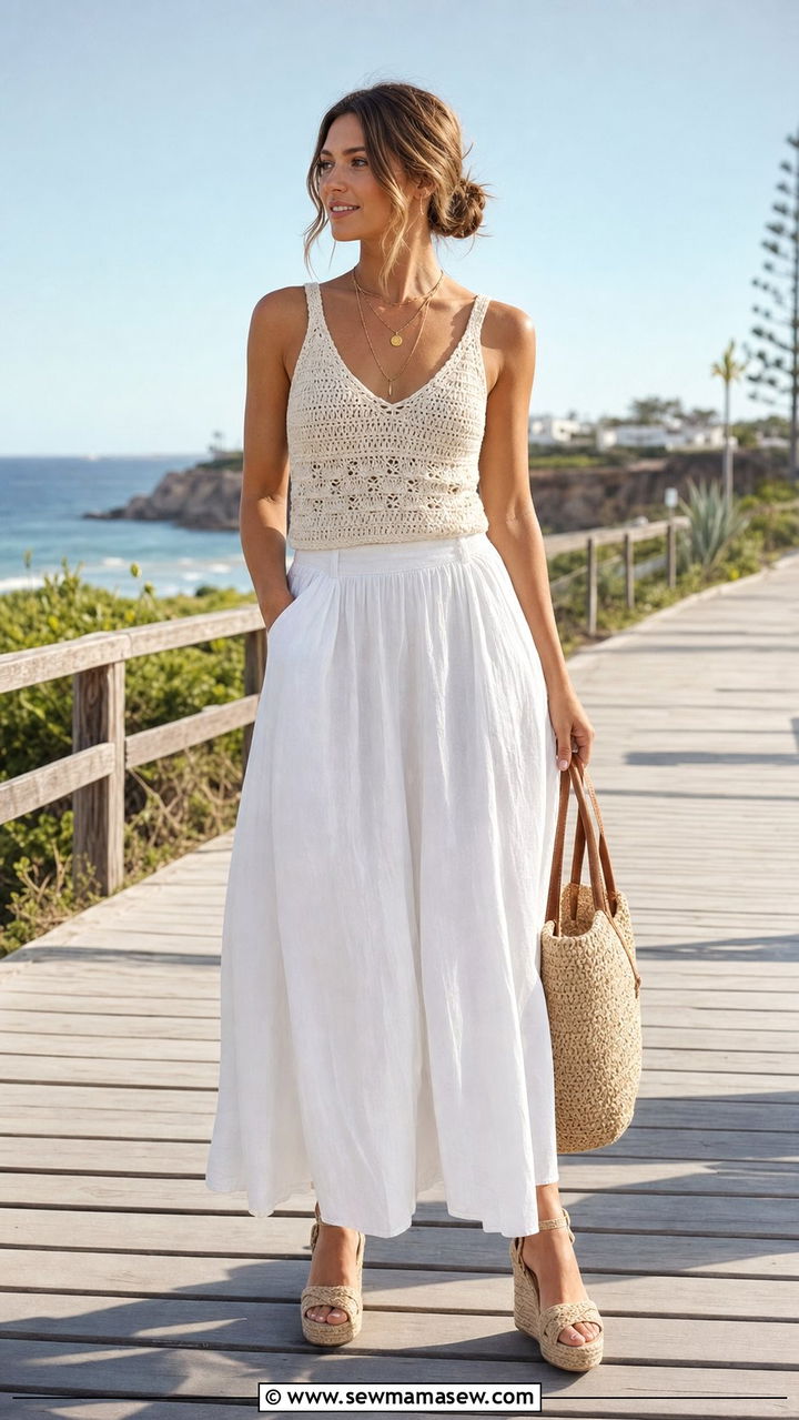Crochet Tank and Linen Maxi Skirt Outfit - 25 Summer outfits for 20 year old woman