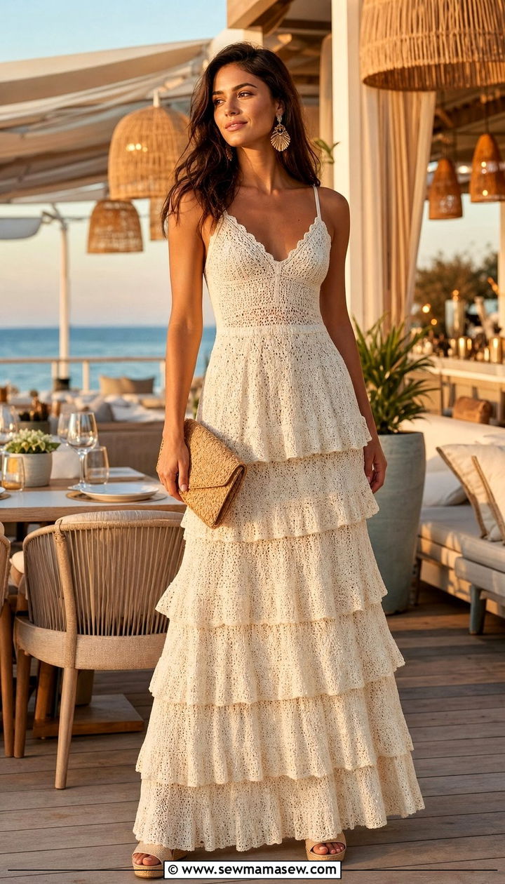 Crochet Tiered Maxi Dress For Beach To Bar Transition - 25 summer crochet dress outfit ideas