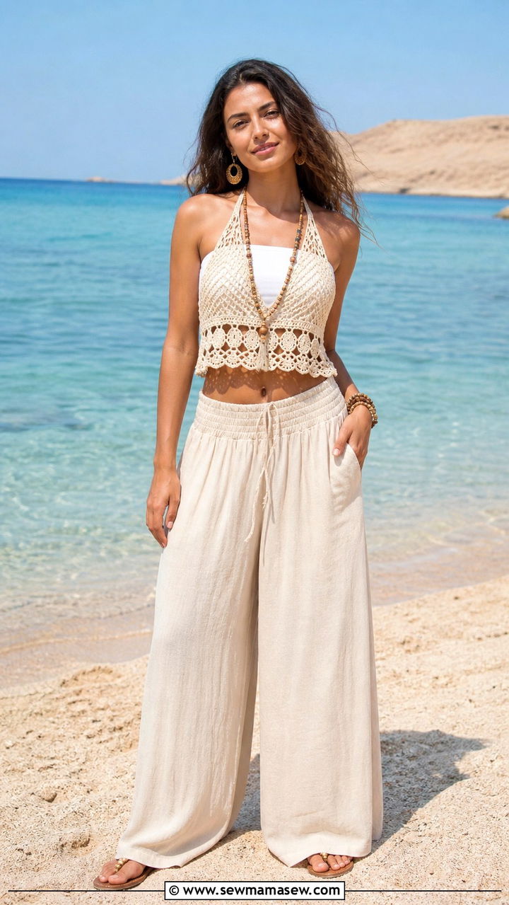 Crochet Top And Palazzo Pants Beach Outfit - 40 Sharm El Sheikh outfit ideas