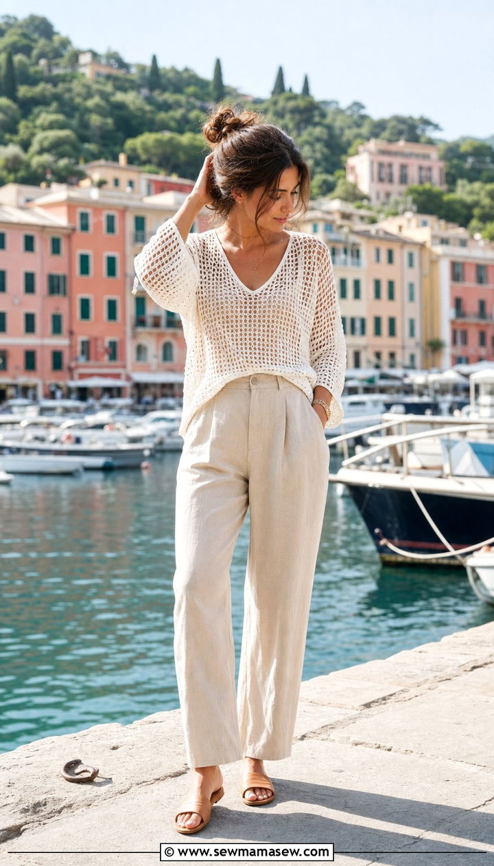 Crochet Top Linen Pants and Slide Sandals - 25 Spring week in Italy outfits