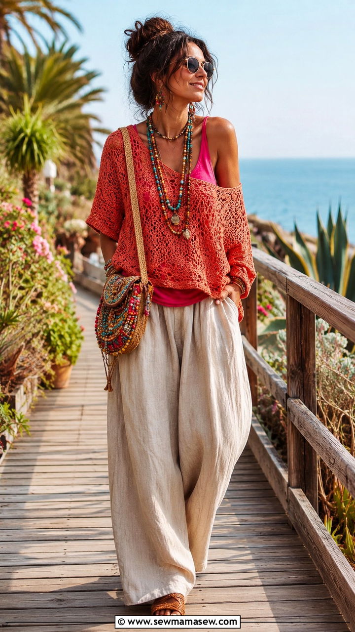Crochet Top Over A Bright Tank With Linen Trousers And Woven Sandals - 30 casual maximalist outfits