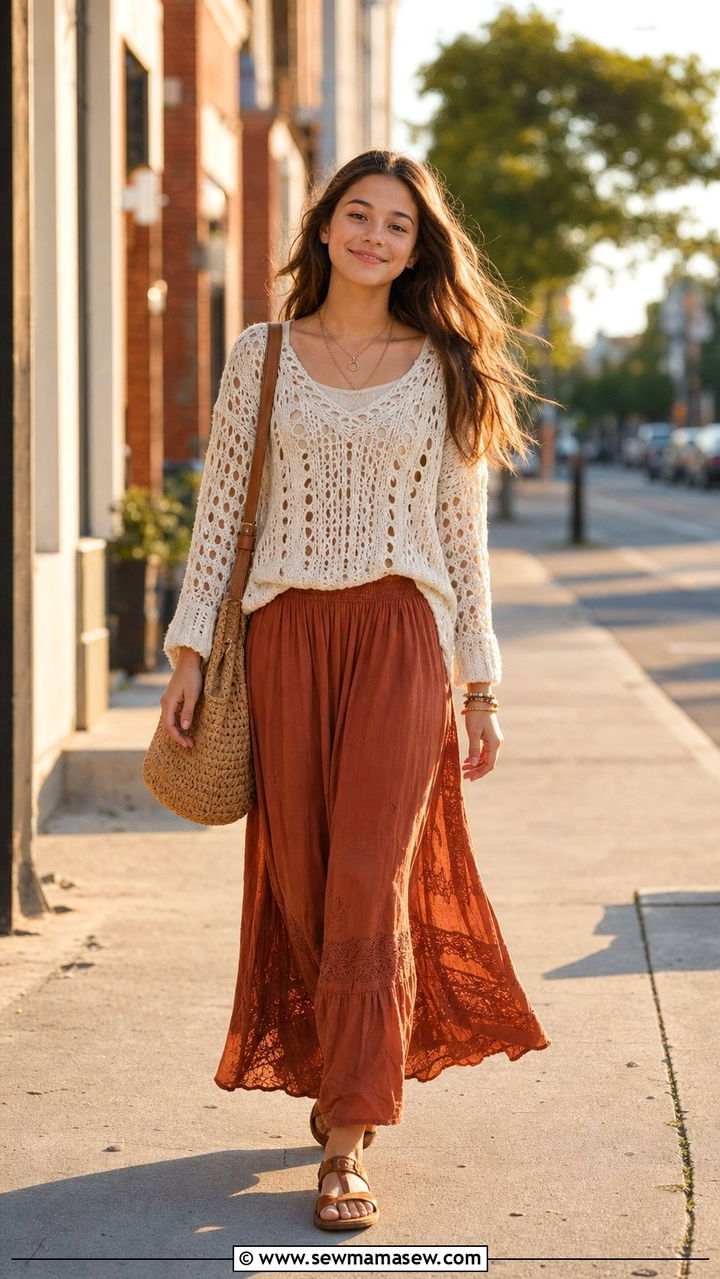 Crochet Top Over a Cami with a Flowy Maxi Skirt and Flat Sandals - 35 Back to school outfit ideas for teens 2026