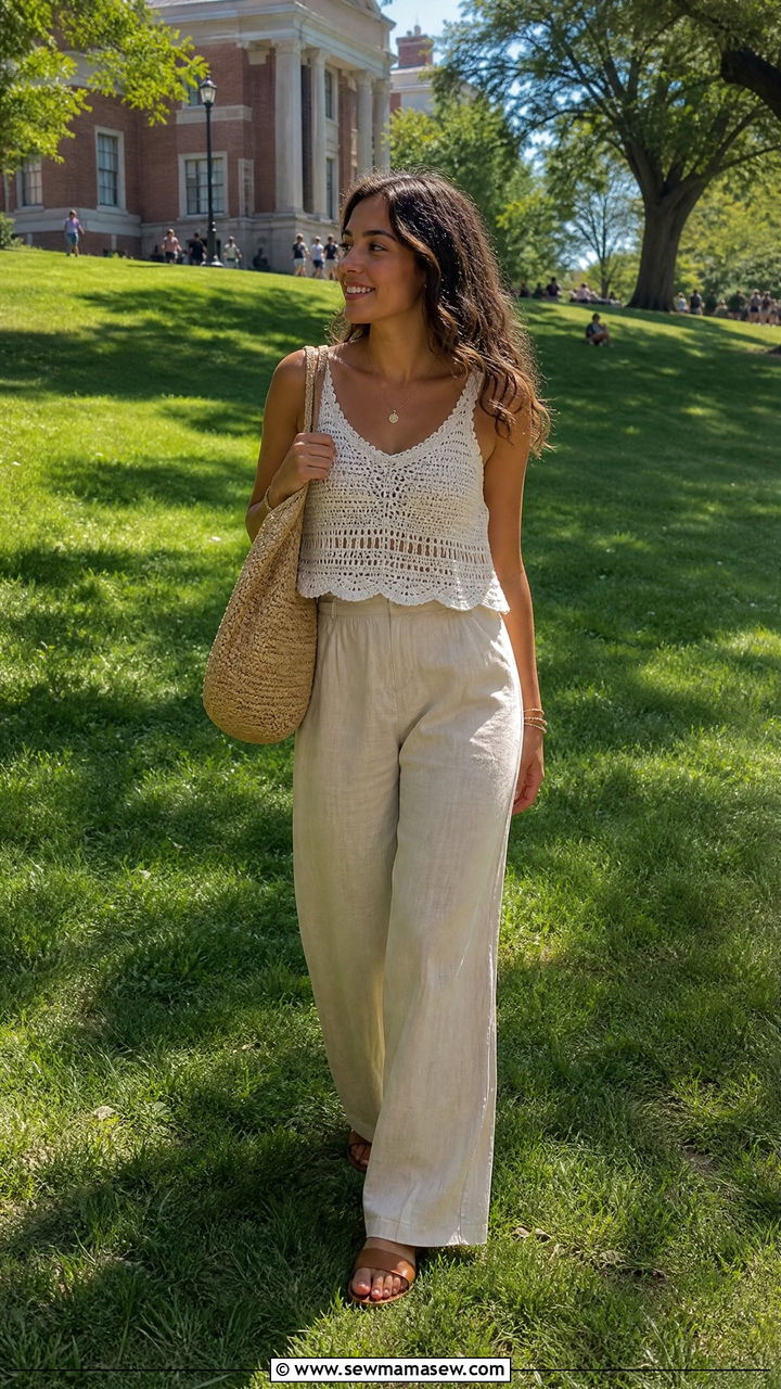 Crochet Top Wide Leg Trousers College Outfit - 30 College outfit ideas casual 2026