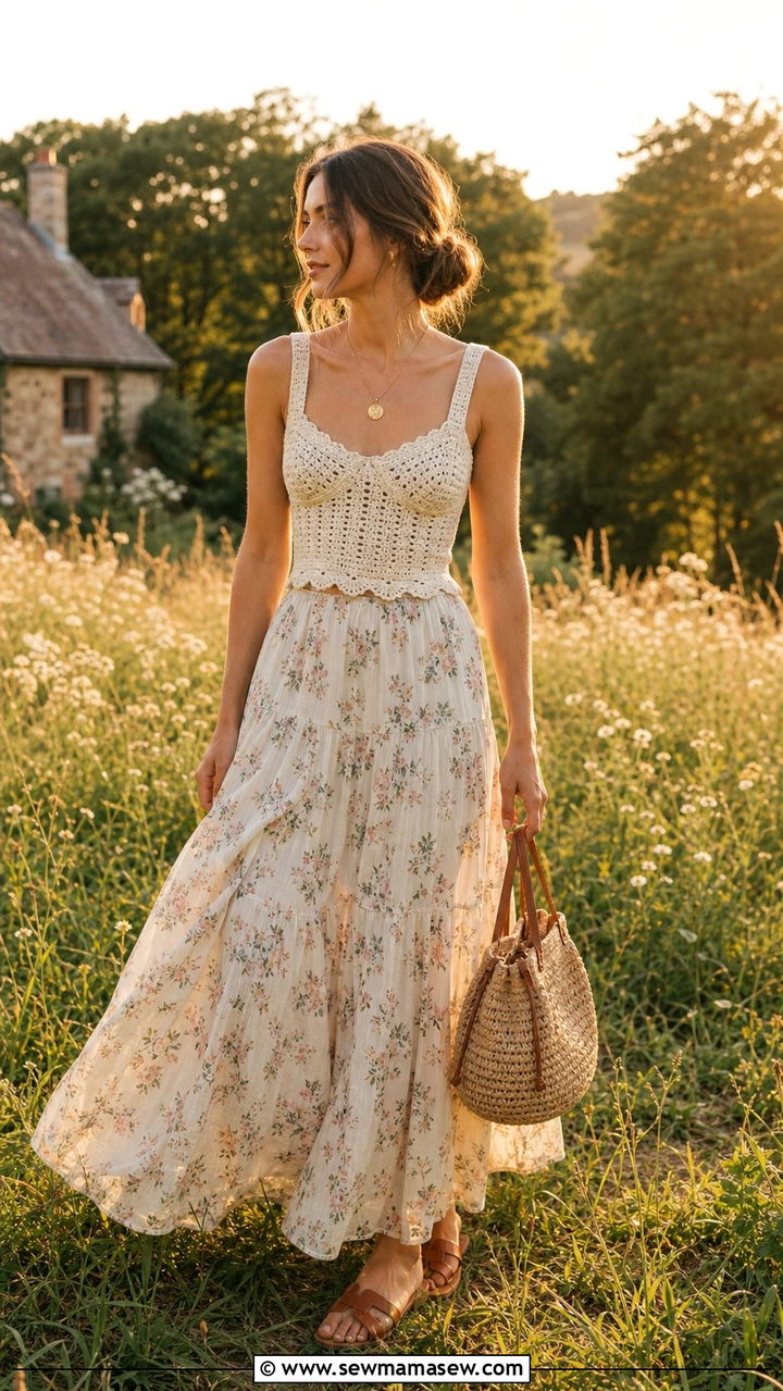 Crochet Top With Floral Maxi Skirt Outfit - 25 Spring cottagecore outfits 2026