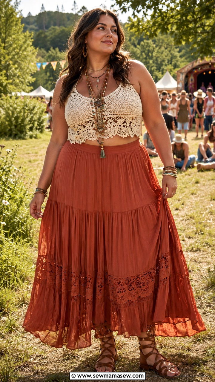 Crochet Top With Flowy Maxi Skirt And Flat Gladiator Sandals - 30 plus size music festival outfit ideas
